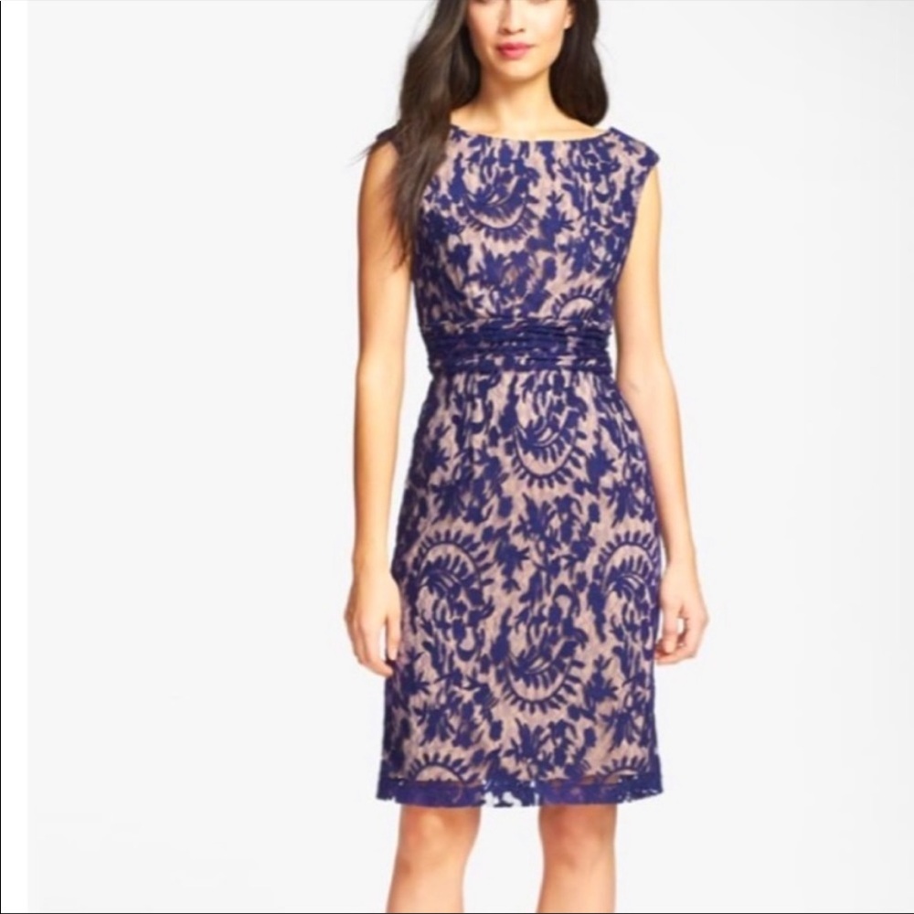 ADRIANNA PAPELL BLUE LACE OVERLAY SHEATH DRESS